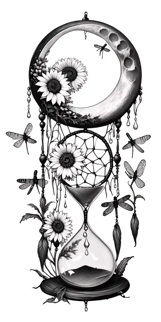 An hourglass moon dream catcher filled with sunflower and dragonflies Queen Anne's lace  nature tears broken depressed tattoo design idea