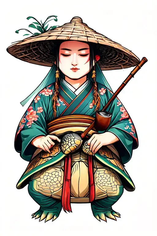 Turtle of Japanese mythology with straw hat, cane, veil of Monge and a pipe tattoo design idea