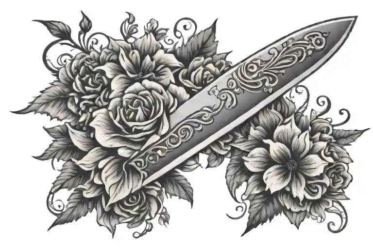 flowery design with kitchen knife from halloween movie discreetly in it tattoo design idea