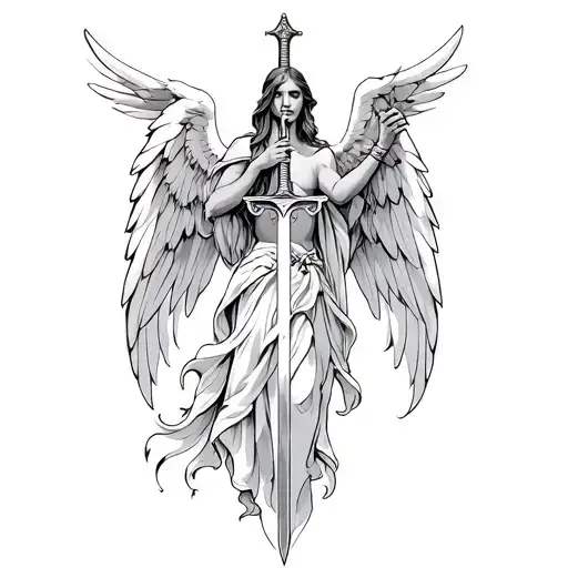 wounded guardimg angel holding a sword tattoo design idea