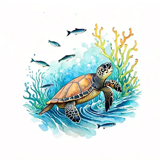 Tattoo design of Sea turtle and sardines with coral and waves surrounding tattoo design idea