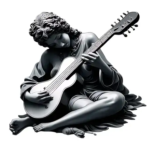 Sculpture Euterpe minimalistic design with instrument tattoo design idea