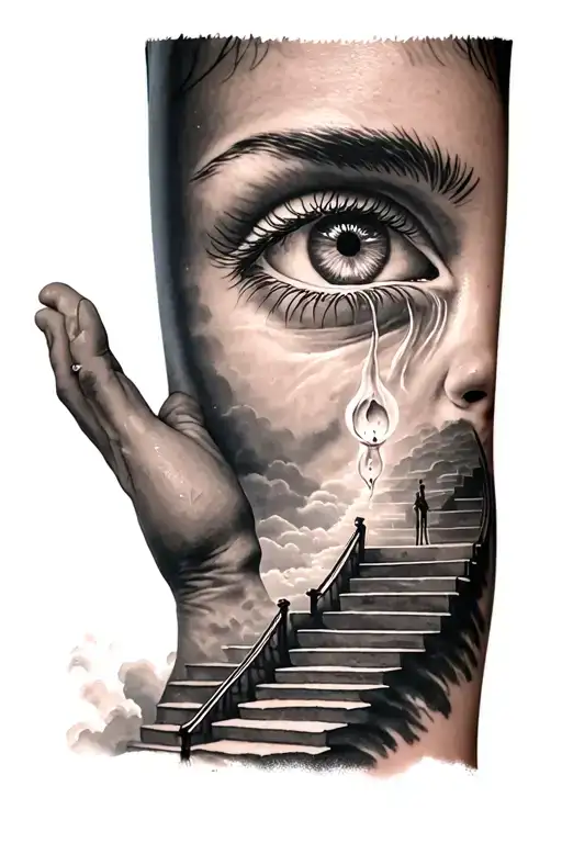 forearm sleeve with my moms eye shedding a tear closest to my hand and then staircases leading to heaven with my family tattoo design idea