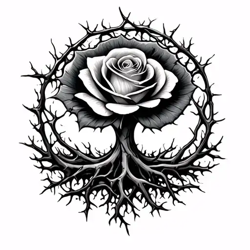 nature of life with roots shaped into a rose and thorns going all around with a pathway to life tattoo design idea