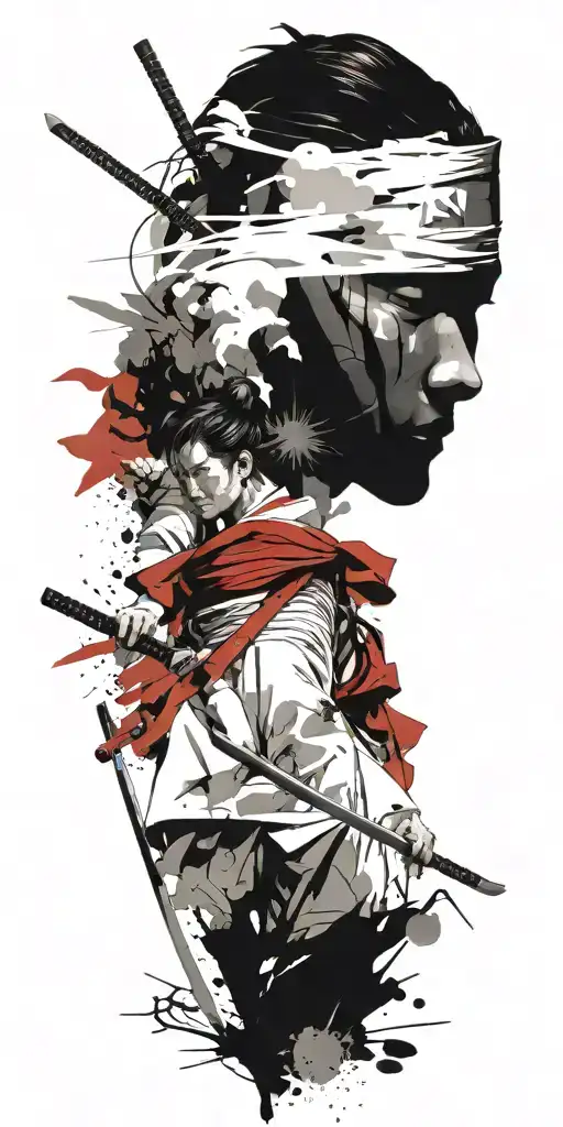 male anime samurai holding swords fighting off inner demons  tattoo design idea