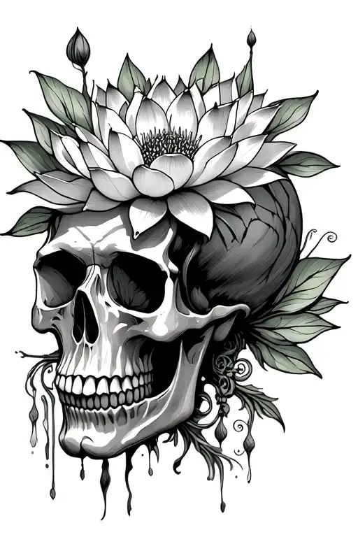 Skull with a lotus flower tattoo design idea
