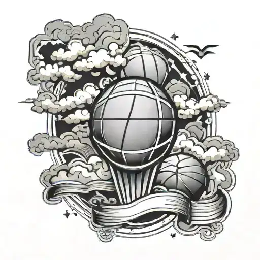  tattoo stencil of half and half cross and basketball with clouds above it with a date of birth in the clouds tattoo design idea