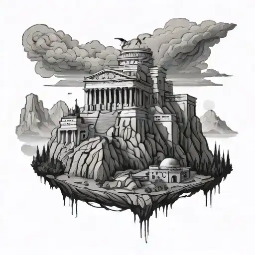 mount olympus Castle like greek extravagant buildings and some statues on a mountain island tattoo design idea