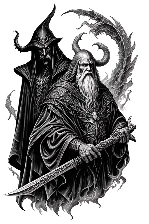 lord of the rings arm half sleeve tattoo including gandalf, nazgul, balrog with background and epic tattoo design idea