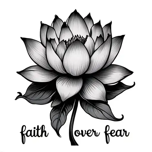 lotus flower with stem that says "faith over fear" tattoo design idea