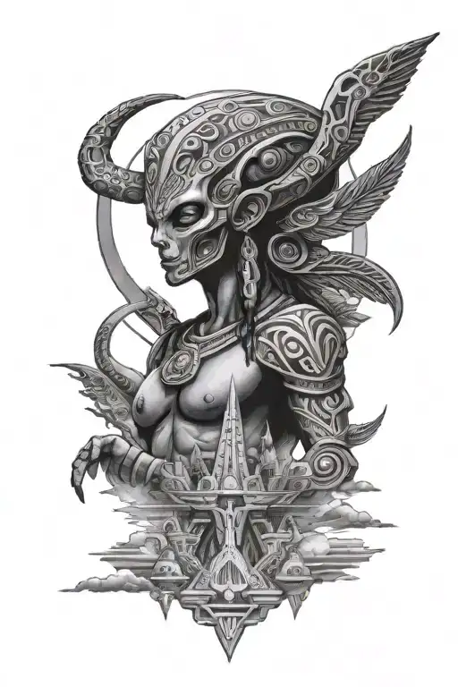 alien and aztec god in sky watching over an alien invasion near a actec temple tattoo design idea