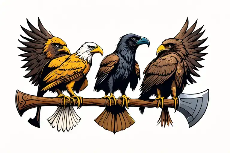 three birds sitting on horizontal viking axe. Birds are golden eagle, bald eagle, raven. Nordic tattoo design idea