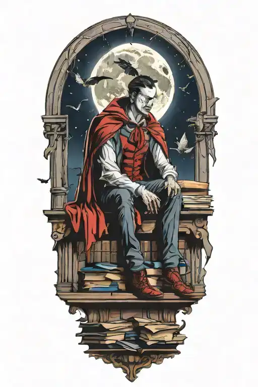 A vampire sitting atop of books. Full moon outside window. Bats flying and hanging. tattoo design idea