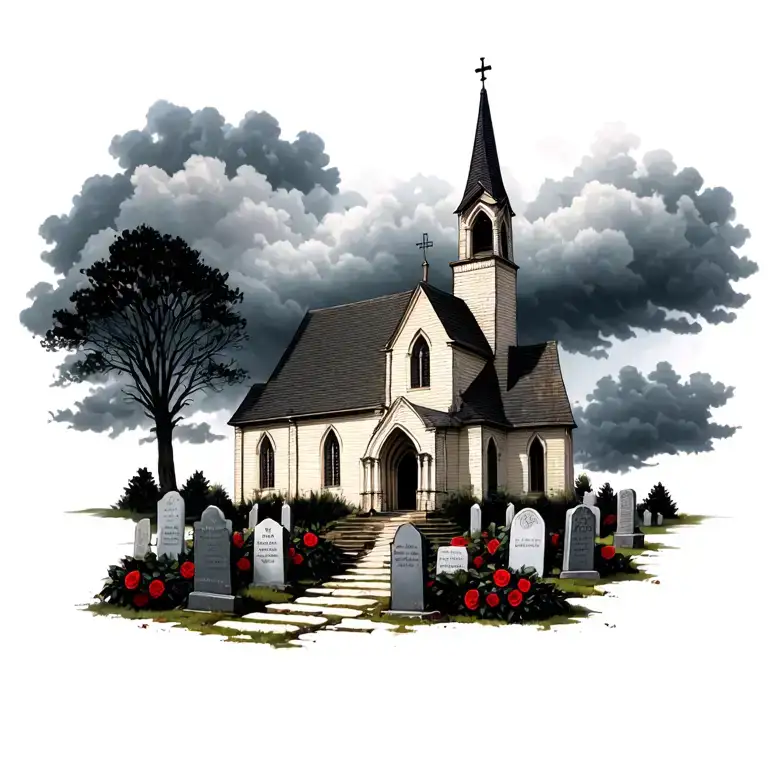 church abandoned with dark clouds and grave stones and black rose bushes tattoo design idea