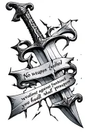 Shattered sword with saying "no weapon fashioned against you shall prosper" tattoo design idea