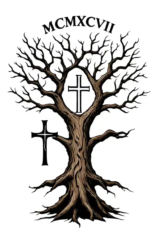 "MCMXCVIII " "MCMXCVIII " Oak tree with roman numerals witha orthodox cross tattoo design idea