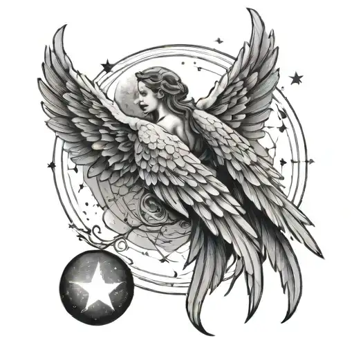 6 angel wings all spread out with moon in the centre and star cascading down tattoo design idea
