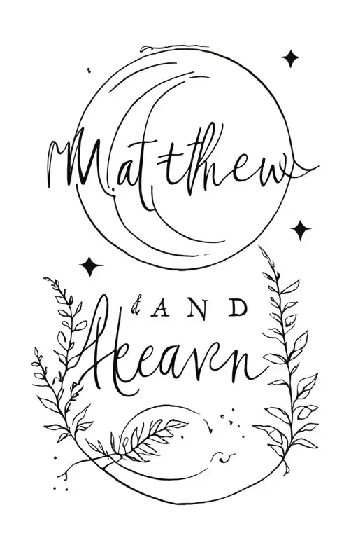 the words Matthew and Heaven with moon and plants intertwined tattoo design idea