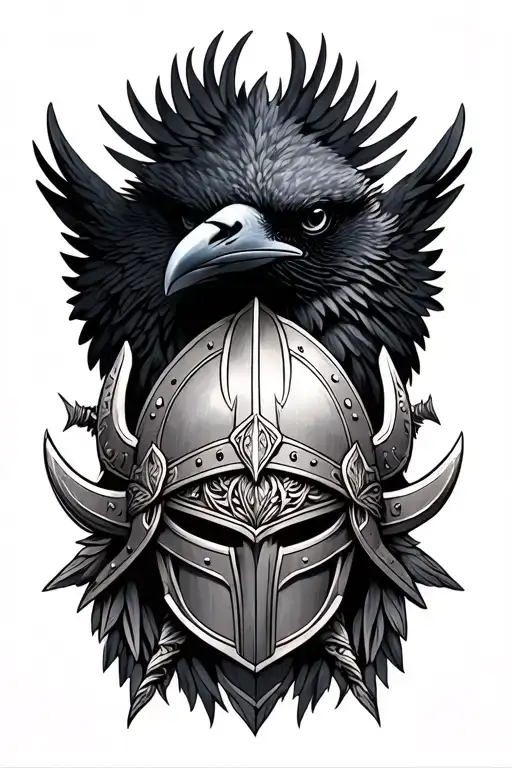 Create a feminine tattoo featuring a black raven and a Viking helm of awe  tattoo design idea