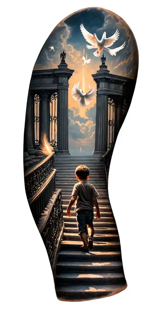 little boy walking up a staircase to heaven gates doves flying and lights tattoo design idea