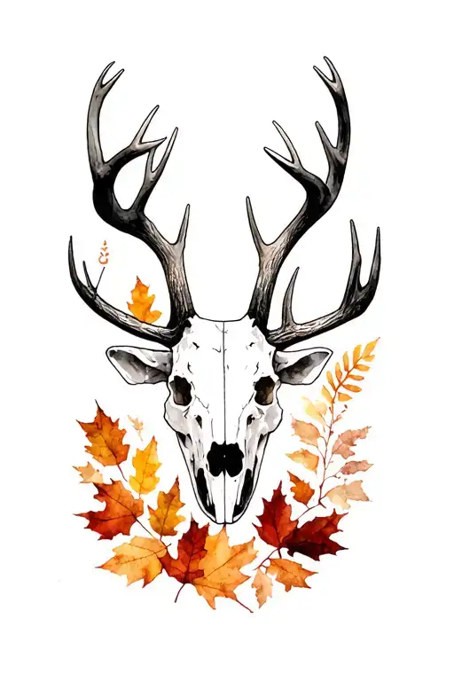 bear skull and whitetail buck skull and wild turkey skull and fall leaves tattoo design idea