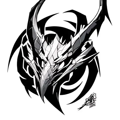 Dragonclaw Hook Pudge Dota 2, cybercigilism style, neo-traditional elements, low-poly geometric patterns, blackwork tatt tattoo design idea