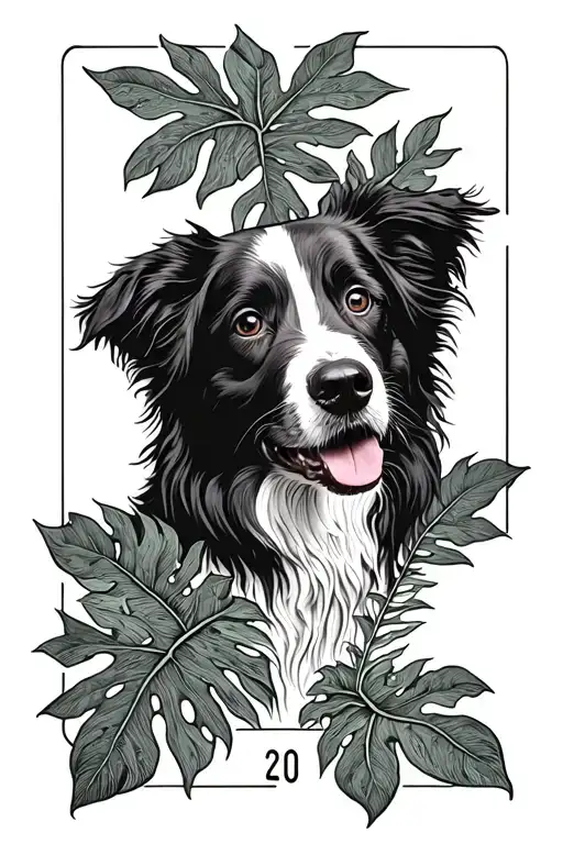 Tarot card with nose of a border collie in the middle surrounded by monstera plant leafs tattoo design idea