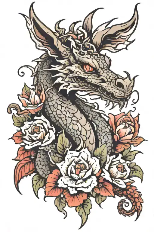 dragon and rabbit with flowers blooming flowers tattoo design idea