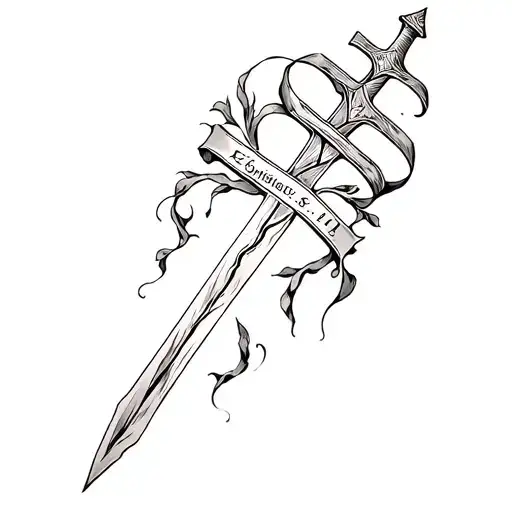 cross tattoo in shape of a sword, with ribbons or vines running around it and through it with Ephesians 6:10-17 on side tattoo design idea
