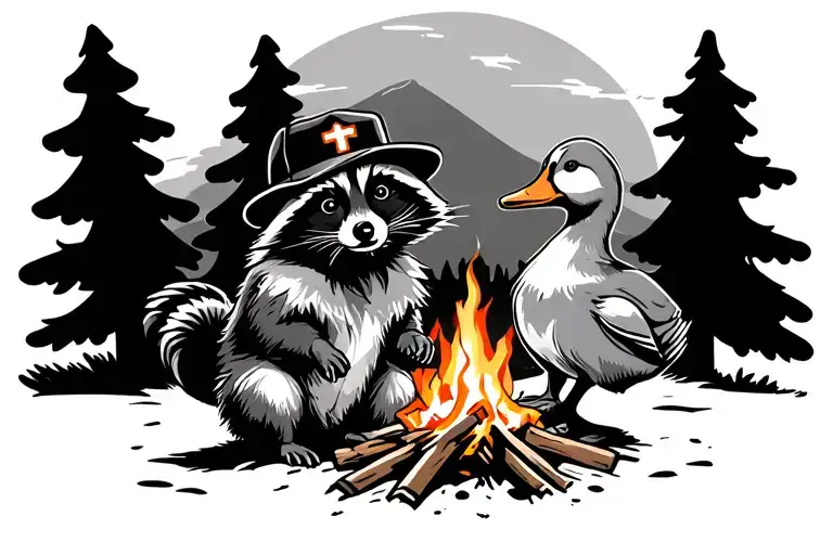 racoon and a duck sitting by a campfire roasting marshmallows, racoon with a Tennessee TriStar hat, shoulder sleeve tattoo design idea