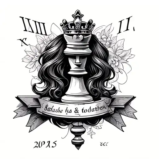 black chess queen with name written and Roman numeral date tattoo design idea