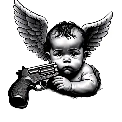 black baby angel with a shotgun tattoo design idea