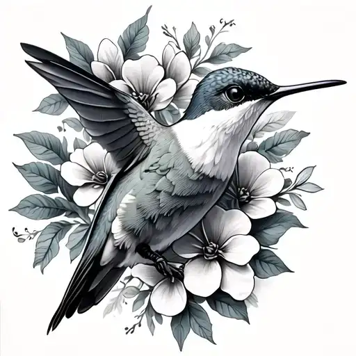 hummingbird with flowers curving around top of right breast tattoo design idea