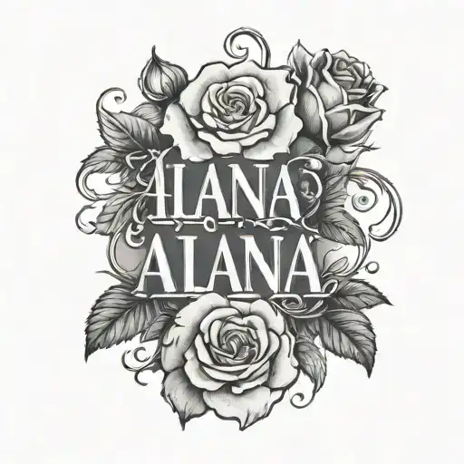 Roses around the name spelled ALANA with the letters stcked on top of each other tattoo design idea