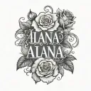 Roses around the name spelled ALANA with the letters stcked on top of each other tattoo design idea
