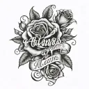 Roses around the name spelled ALANA with the letters stcked on top of each other tattoo design idea