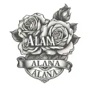 Roses around the name spelled ALANA with the letters stcked on top of each other tattoo design idea