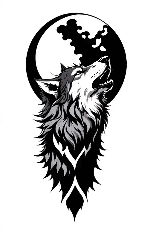 norse wolf howling at the moon tattoo design idea
