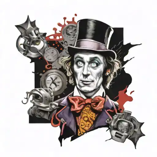 a tattoo with Willy Wonka, Alexandre Delarge from A Clockwork Orange, Emily from Noces Funèbres, Allison from the film  tattoo design idea