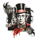 a tattoo with Willy Wonka, Alexandre Delarge from A Clockwork Orange, Emily from Noces Funèbres, Allison from the film  tattoo design idea