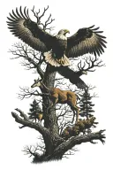 whitetail deer silhoutte and eagle perched on tree tattoo design idea