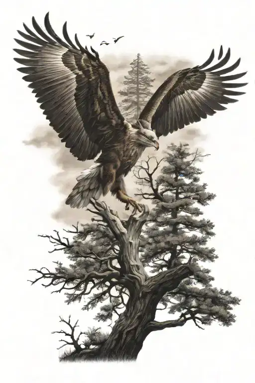 whitetail deer silhoutte and eagle perched on tree tattoo design idea