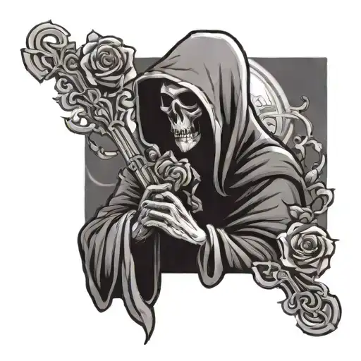 grim reaper holding a cross and rose intertwined tattoo design idea