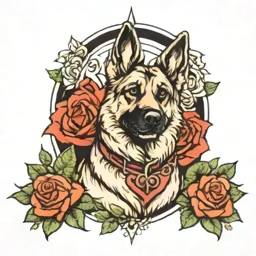 German shepherd dog surrounded by roses tattoo design idea