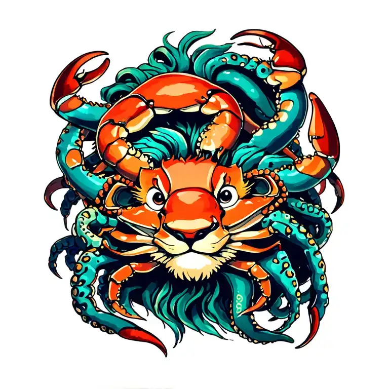 Crab And happy Lion and Octopus tentacles as mane tattoo design idea