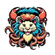 Crab And happy Lion and Octopus tentacles as mane tattoo design idea