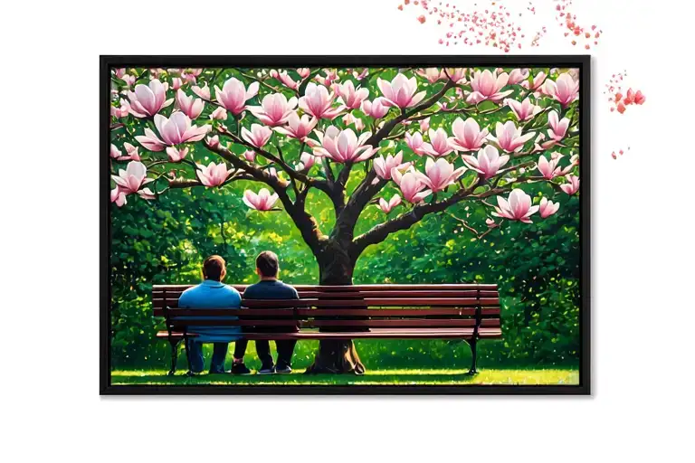 magnolia tree, semi bloom, 2 people on a park bench, view from behind, black frame around tattoo tattoo design idea