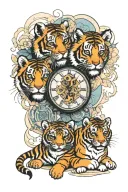 two tiger cubs and two clock tattoo design idea
