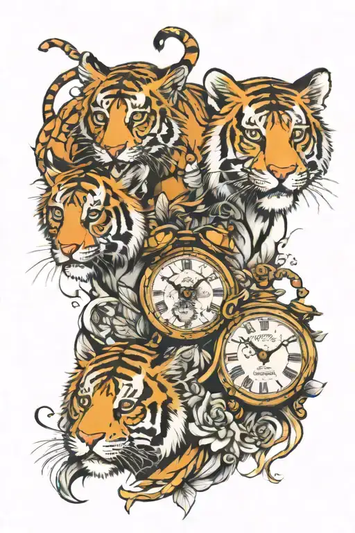 two tiger cubs and two clock tattoo design idea