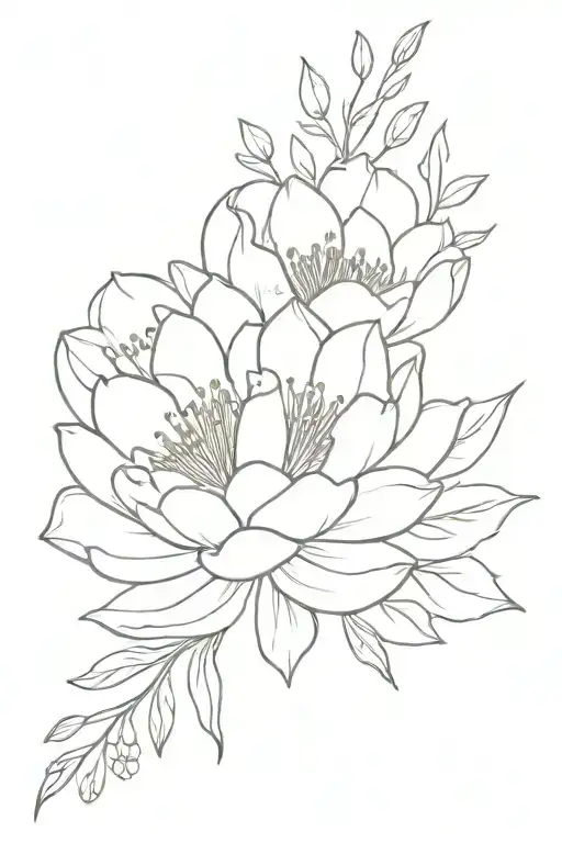 waterlily peony larkspur flower bouquet tattoo design idea